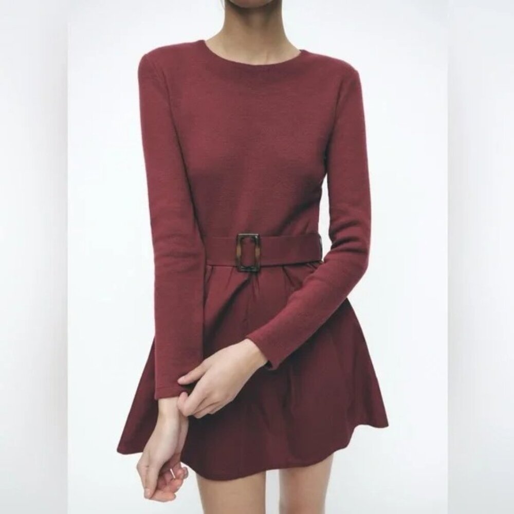 ♥️ ZARA Combination Belted Dress Sweater Dress in Burgundy Red Small S